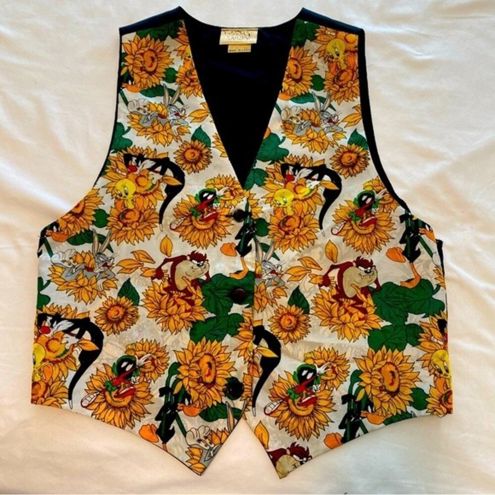 Vintage 1994 Looney Tunes Vest Taz Bugs Bunny Tweety Bird Rabbit Sunflower SZ OS